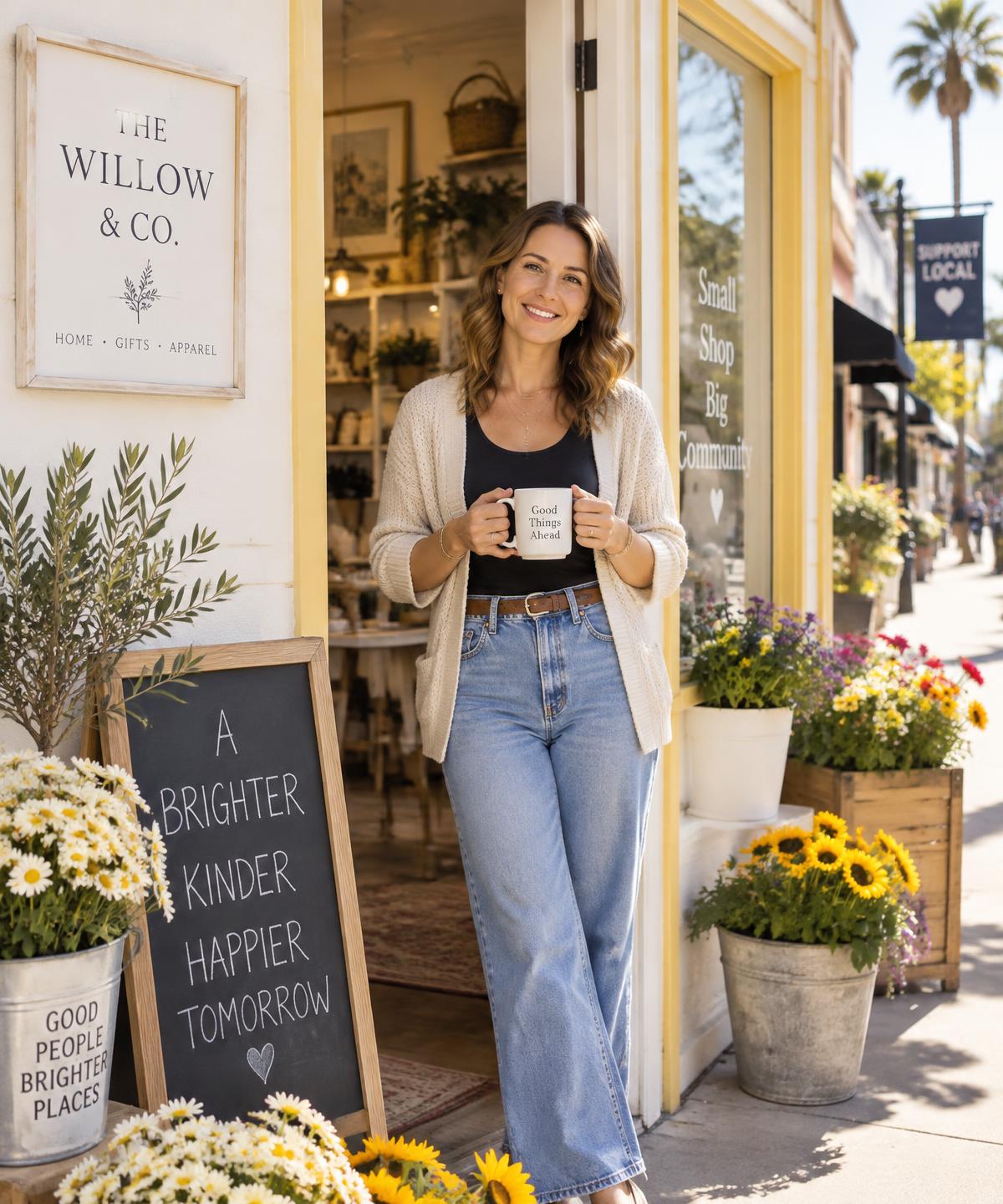 Smiling independent shop owner standing in the sunny doorway of her storefront