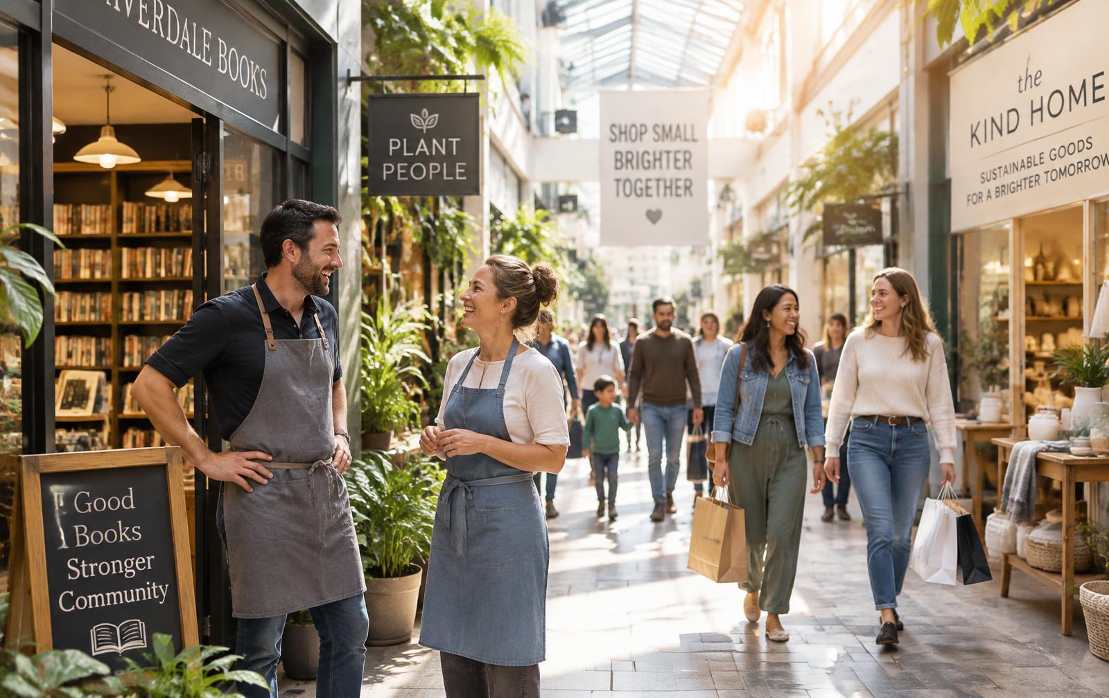 Neighboring independent stores in a mall sharing matching promotional banners